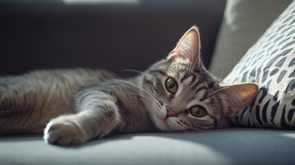 Naklejka premium A cat is laying on a couch with its head up