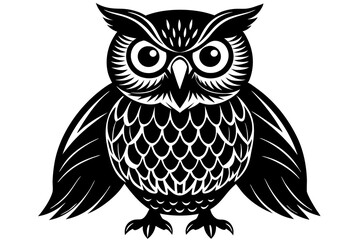 vector black and white illustration. round frame magical, fairy forest. silhouette of forest, trees, grass and an owl on a branch. background for postcard, book, design for halloween