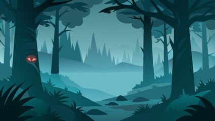 Mysterious Foggy Forest Vector Illustration, Eerie Atmosphere, Dense Woodland, Misty Landscape, Dark and Enigmatic
