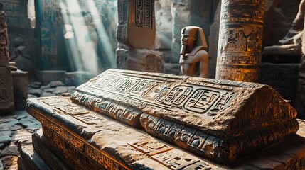 Ancient Egyptian tomb with hieroglyphics and statue illuminated by sunlight