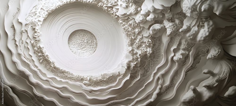 Poster 49. textured paper cuts creating a radial, three-dimensional visual with varying layers and intricat