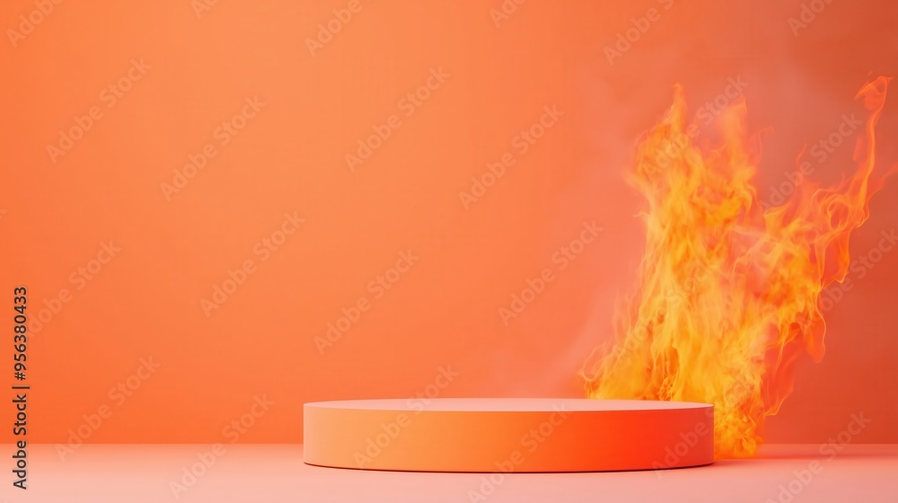 Poster a vibrant orange backdrop features a round pedestal with flames, creating an eye-catching display of