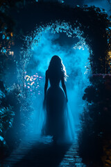 dark shadow silhouette fantasy woman walking in black night garden in fog fairytale portal arch flowers, art neon blue color magic light