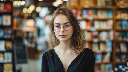 Young woman with eyeglasses in a bookstore or library