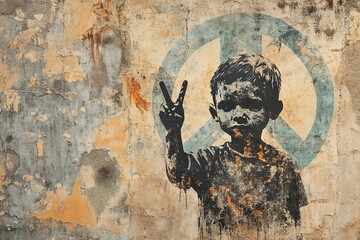 Boy making peace sign on textured wall