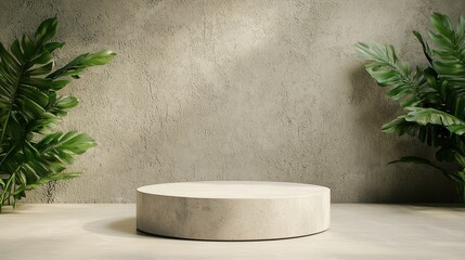 Elegant circular display pedestal surrounded by lush green plants against a textured wall, ideal for product showcasing.