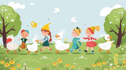 Obraz premium Children and Geese on a Spring Day.