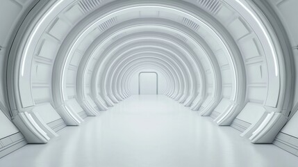 Fototapeta premium Futuristic hallway with curved architecture, bright white walls, and smooth flooring, creating a sleek and modern atmosphere.
