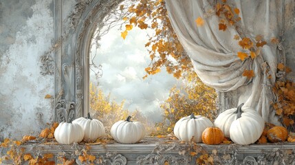 Watercolor White and Blue Pumpkins with Delicate Leaves and Flowers