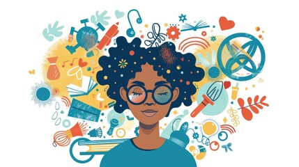 Woman surrounded by Colorful Ideas & Inspiration.