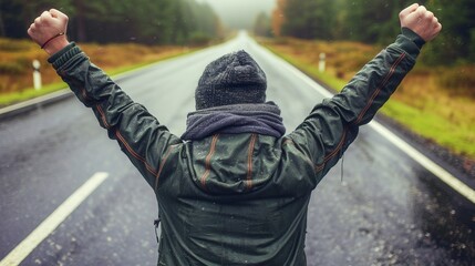 A person standing triumphantly on an empty road, celebrating freedom and adventure amid nature's beauty.