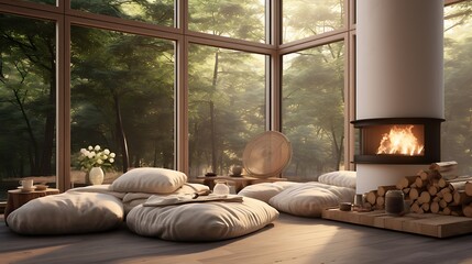 A modern living room with large windows, featuring a meditation cushion set for a calming and mindful evening session.