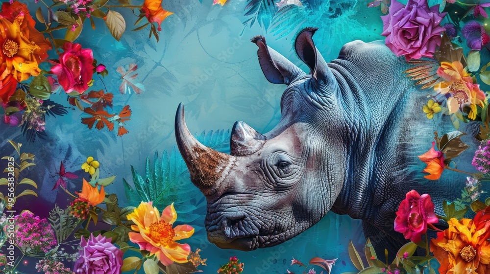 Poster Rhino Surrounded by Flowers.