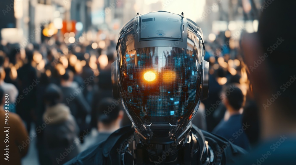 Aufkleber an advanced ai robot equipped with facial recognition capabilities stands at the forefront of a bust