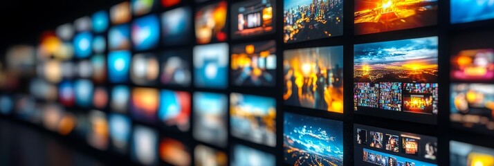 Wall of Television Screens Displaying Varied Content, Immersive Entertainment Concept