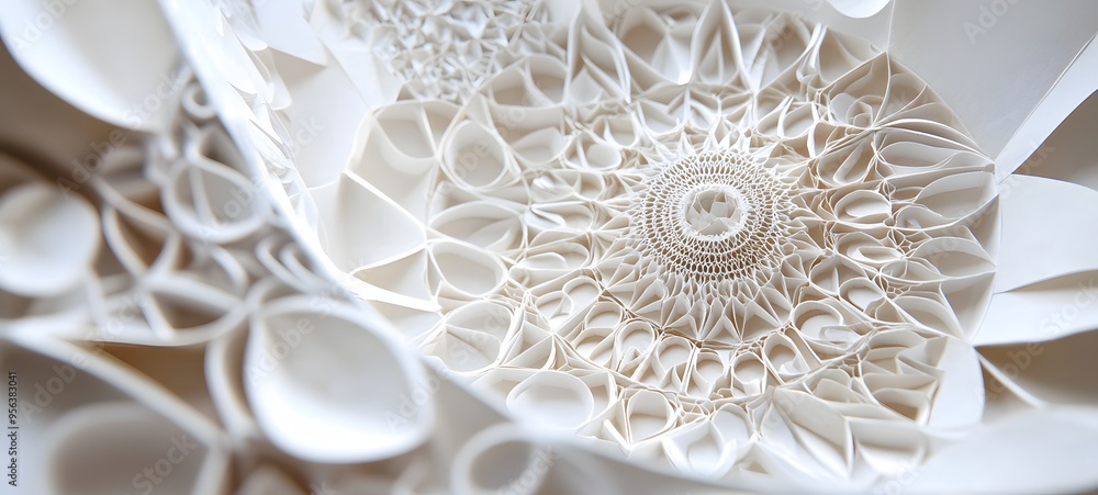 Poster 37. geometric shapes with intricate paper cuts arranged to form a dynamic, three-dimensional abstrac