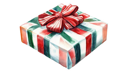 Fototapeta premium Festive gift box with red and green striped wrapping and a large red bow, perfect for holiday celebrations and special occasions.