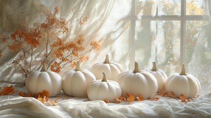 Watercolor White and Blue Pumpkins with Delicate Leaves and Flowers