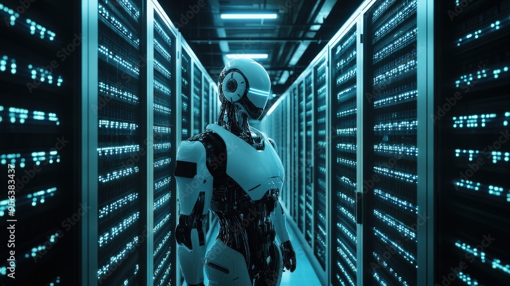Poster the humanoid ai is positioned in a data center, flanked by rows of glowing servers, creating a vibra