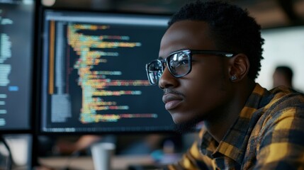 An African American software developer intently works at his desk, surrounded by multiple computer monitors displaying colorful lines of code. The bright workspace suggests a collaborative atmosphere