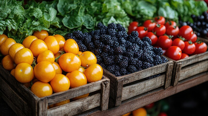 Farmers Market Display: A vibrant display of fresh vegetables and fruits at a farmers market, including tomatoes, peppers, leafy greens, and berries, emphasizing the value of local produce.