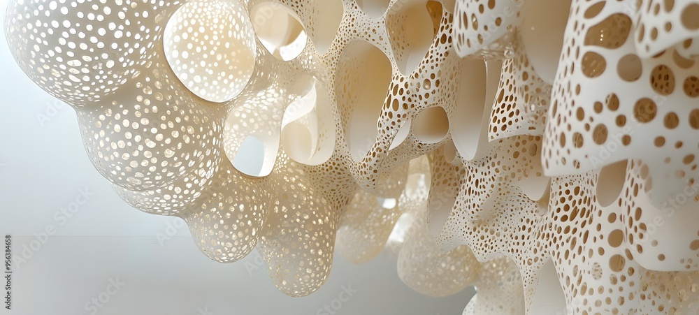 Poster 40. suspended paper shapes arranged in a cascading, three-dimensional pattern with intricate cut det