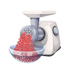 Making mincemeat with cartoon meat grinder. Grinding raw pork or beef into mince using kitchen electric appliance. Cooking process, food mascot, cartoon minced meat preparation vector illustration