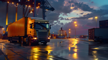Fototapeta premium Truck trailer on the pier in the cargo port terminal with cranes and containers. AI Generated