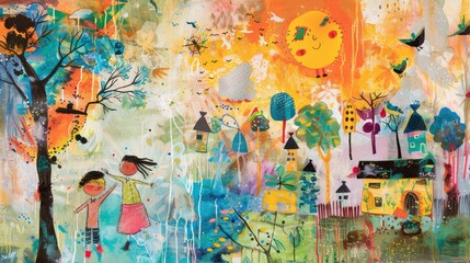 A colorful village with happy children.