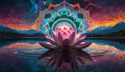 A yogi meditating in a yoga pose, with seven glowing chakra points on their body. Surrounded by vibrant energy patterns the background represents the vast universe.