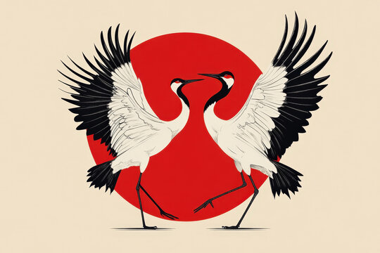Illustration of two red-crowned cranes gracefully dancing in front of a red sun, symbolizing love, longevity, and good fortune in japanese culture