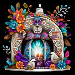 Fototapeta premium Colorful paper art featuring a sugar skull surrounded by vibrant flowers, two birds, and decorative elements against a black background.