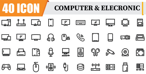 computer linear icon set. vector line icon. keyboard, computer, phone, headset, line icon set.