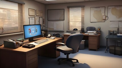 Interior of a police department office, including a detective's desk. Cartoon investigator workstation with criminal image on computer display, paperwork and study materials, map with pins on wall, ch