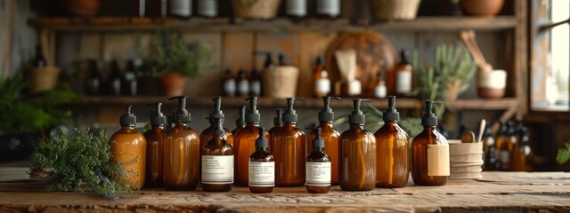 Rustic apothecary bottles arranged on a wooden shelf