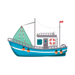 Fishing boat industrial nautical vessel with mesh for fish catching vector flat illustration