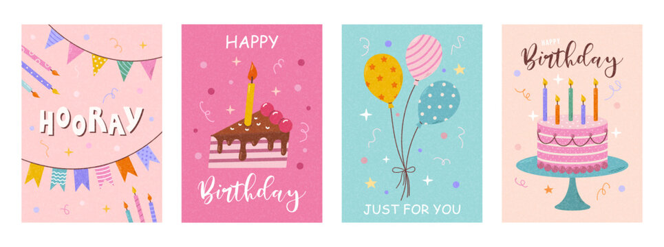 Set of cute birthday cards design with cake, balloons and party decorations. Vector templates great for poster, Invitations, banner, flyer