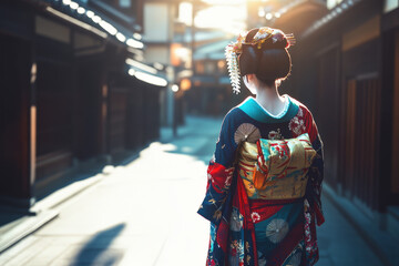 Fototapeta premium Geisha wearing a beautiful kimono is walking through an old, traditional japanese street in kyoto at sunset