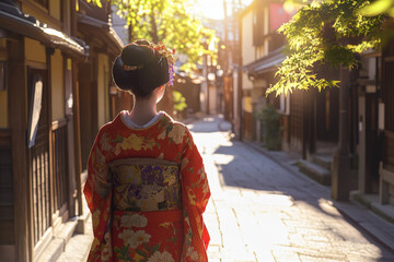 Fototapeta premium Woman wearing traditional japanese red kimono with floral motives walking at sunset in gion district, kyoto, japan