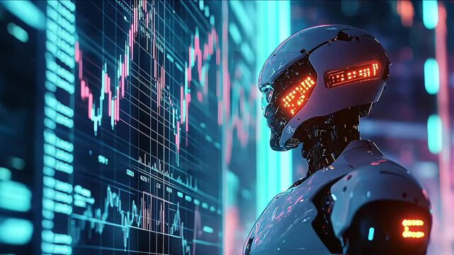 robot with hologram screen with trading market graph, financial and economic with Ai personal assistant concept 