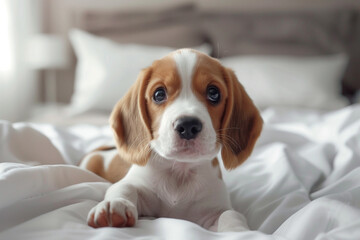 Fototapeta premium Adorable beagle puppy resting on a white bed.