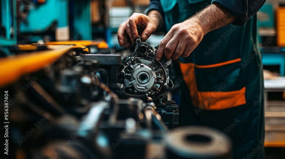 Poster Hands assemble a complex machine part in a workshop setting. The image captures a moment of precision and focus. Ideal for articles about engineering or mechanical work. AI