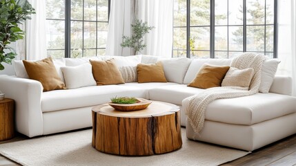 Obraz premium Modern Farmhouse Living Room Cozy Sectional Sofa, Wooden Coffee Table, And Large Windows.