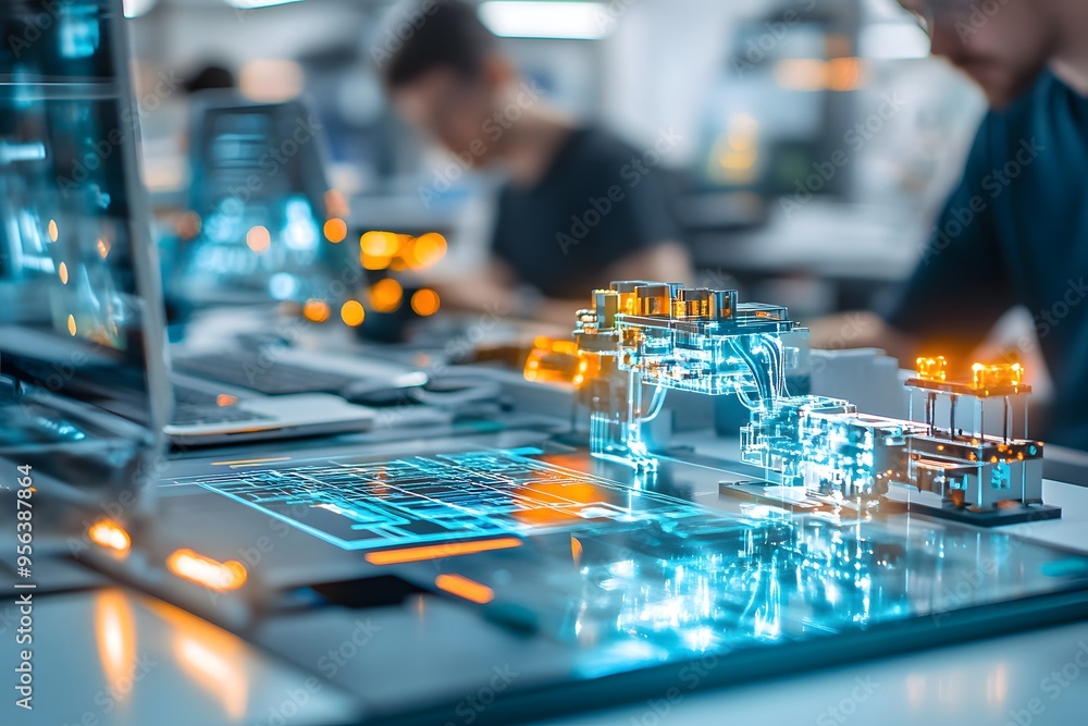 Poster transparent 3d model of a production line on a table.