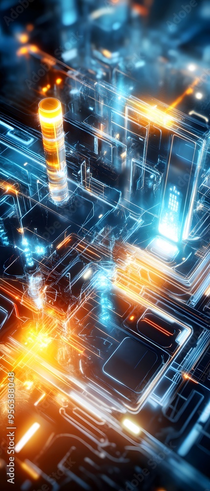 Poster abstract digital network background with glowing lines and shapes.