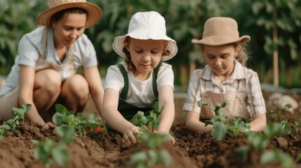 Three of a family working together to plant and care for a garden symbolizing the passing down of knowledge tradition and a love for the environment across