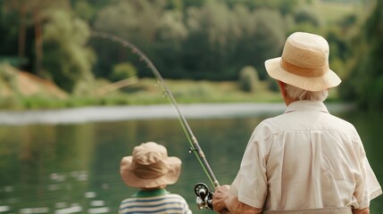 Grandparents and their grandchildren bonding over the timeless tradition of fishing on a tranquil lake passing on valuable skills and creating cherished family memories
