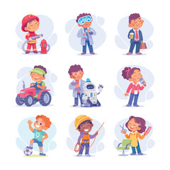 Child Profession Doing Different Job in Costume Vector Set
