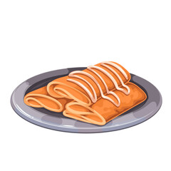 Pancake rolls on cartoon plate with cream sauce sprinkles. Folded tasty crepes heap with custard on tray. Breakfast, dessert mascot, cartoon sweet morning pancakes portion vector illustration