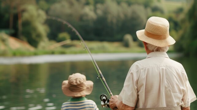 Grandparents and their grandchildren bonding over the timeless tradition of fishing on a tranquil lake passing on valuable skills and creating cherished family memories